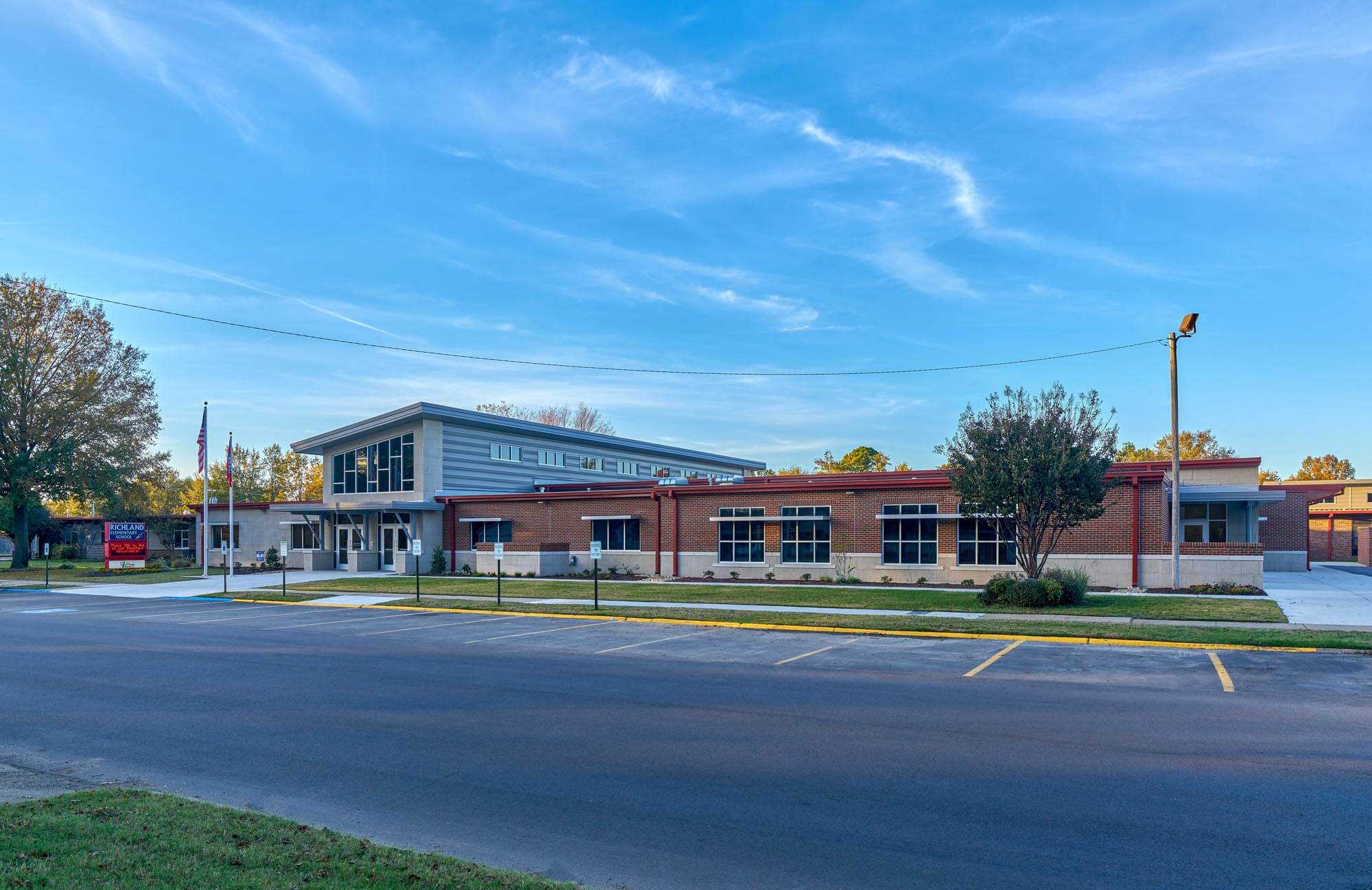 Front view of Richland Elementary School addition with modern entry and large classroom windows